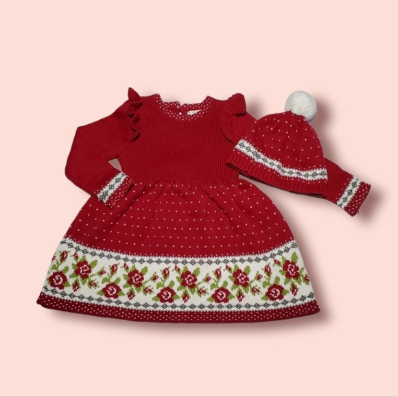 set-  knitted dress for girl with hat, christmas dress, 24 months.  Red. - Picture 1 of 13